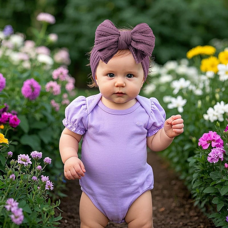 LemonSpace Store Handmade Baby Girls Headbands Soft Stretchy Nylon Hair Bands Hair Accessories with Bows for Newborn Baby Girls Infant Toddlers Kids(White Black Purple) - Image 4